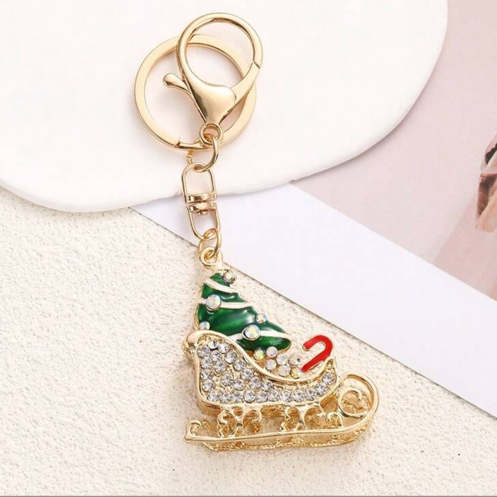 Rhinestone Christmas sleigh with presents bag charm/key ring
